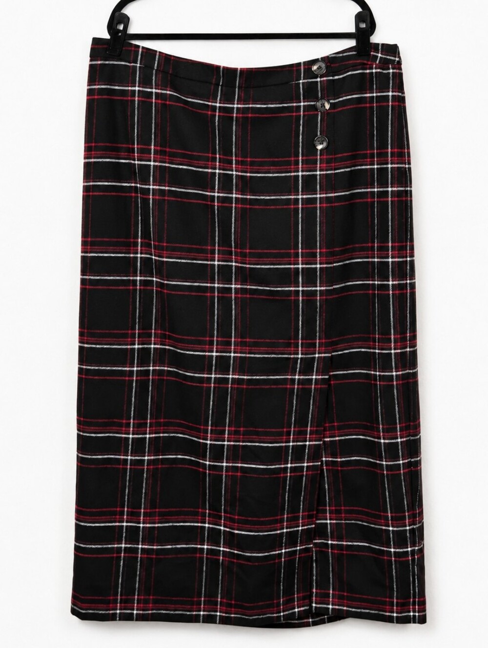 Jessica London 22W Black Red Plaid Wool Blend Wrap Midi Skirt Lined Plus Preppy